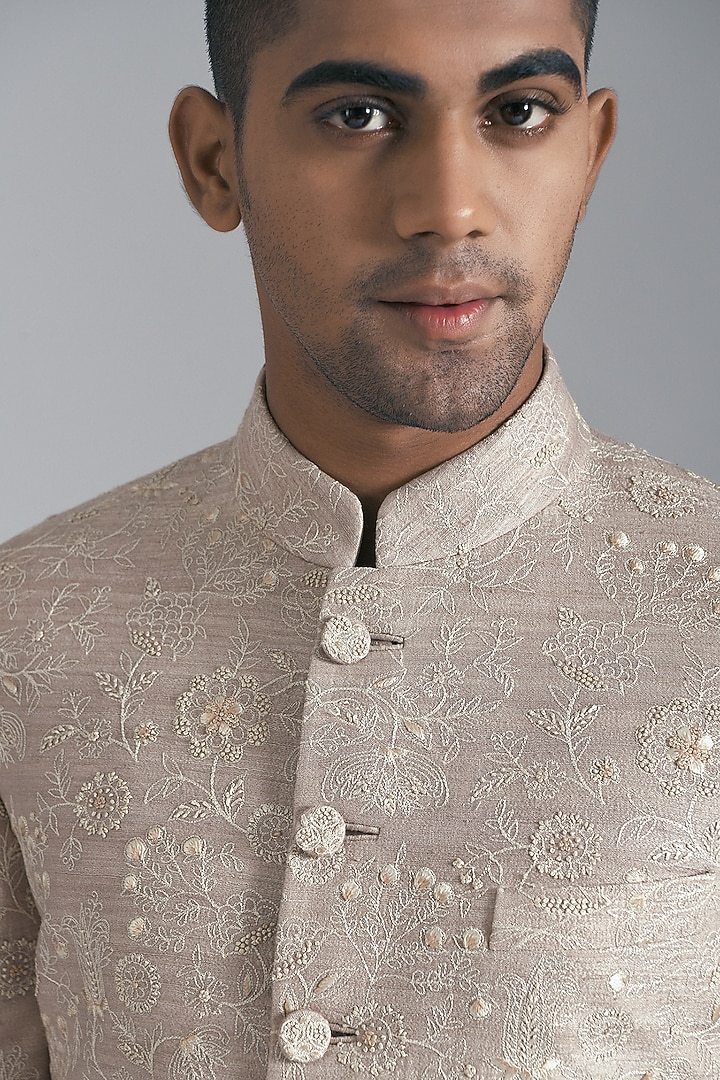 Taupe Silk Hand Embroidered Groom Sherwani Set by Dhruv Vaish at Pernia's Pop Up Shop