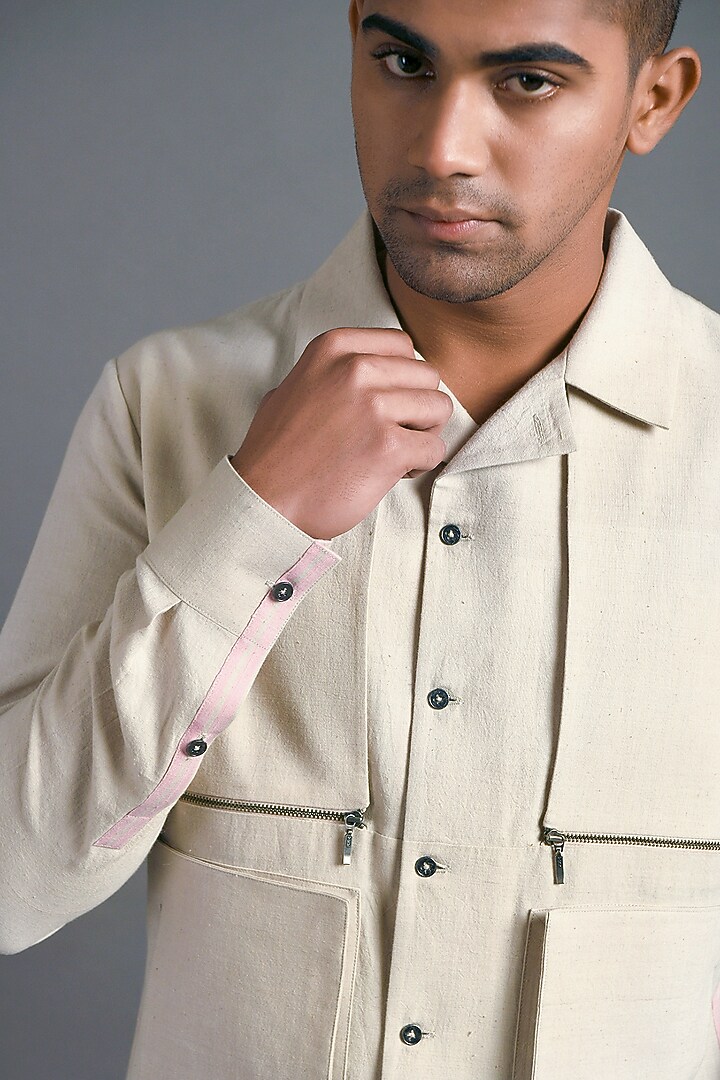 Sandstone Color Handloom Cotton Wedding Shirt  by Dhruv Vaish at Pernia's Pop Up Shop