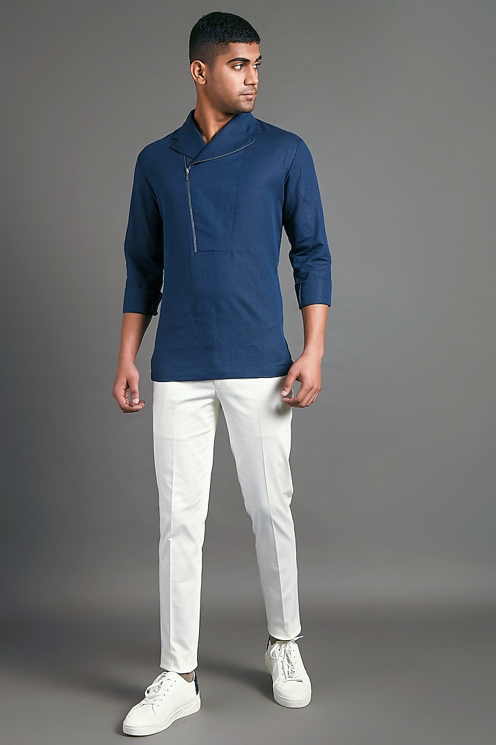 Navy Blue Shirt With Asymmetric Zipper by Dhruv Vaish