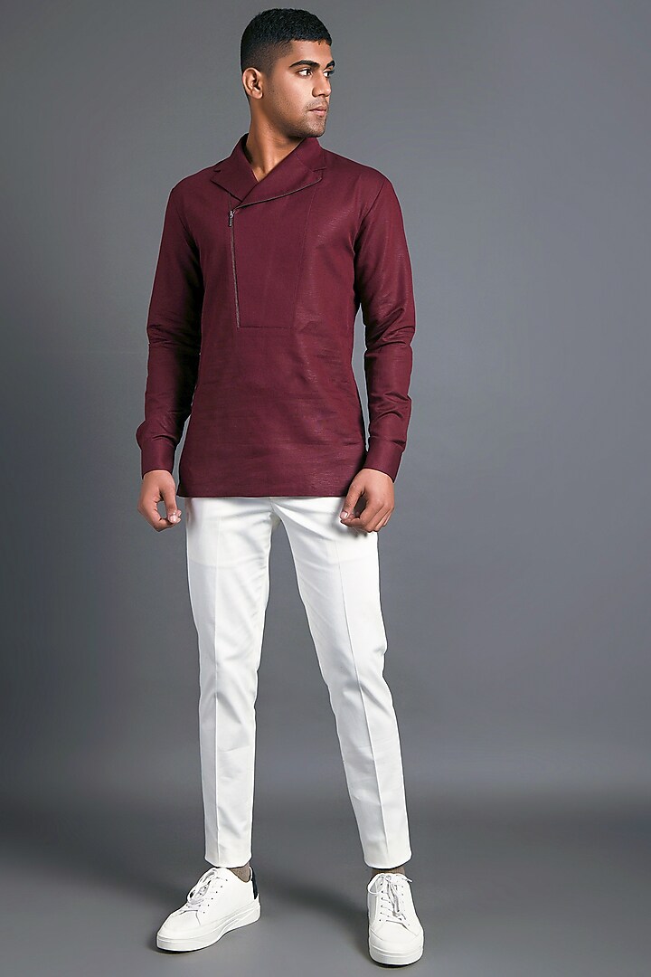 Merlot Shirt With Asymmetric Zipper by Dhruv Vaish