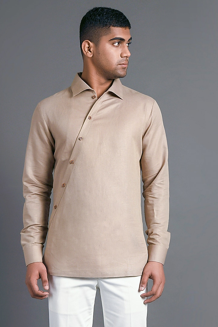 Sandstone color Cotton Linen Party Wear Shirt by Dhruv Vaish at Pernia's Pop Up Shop