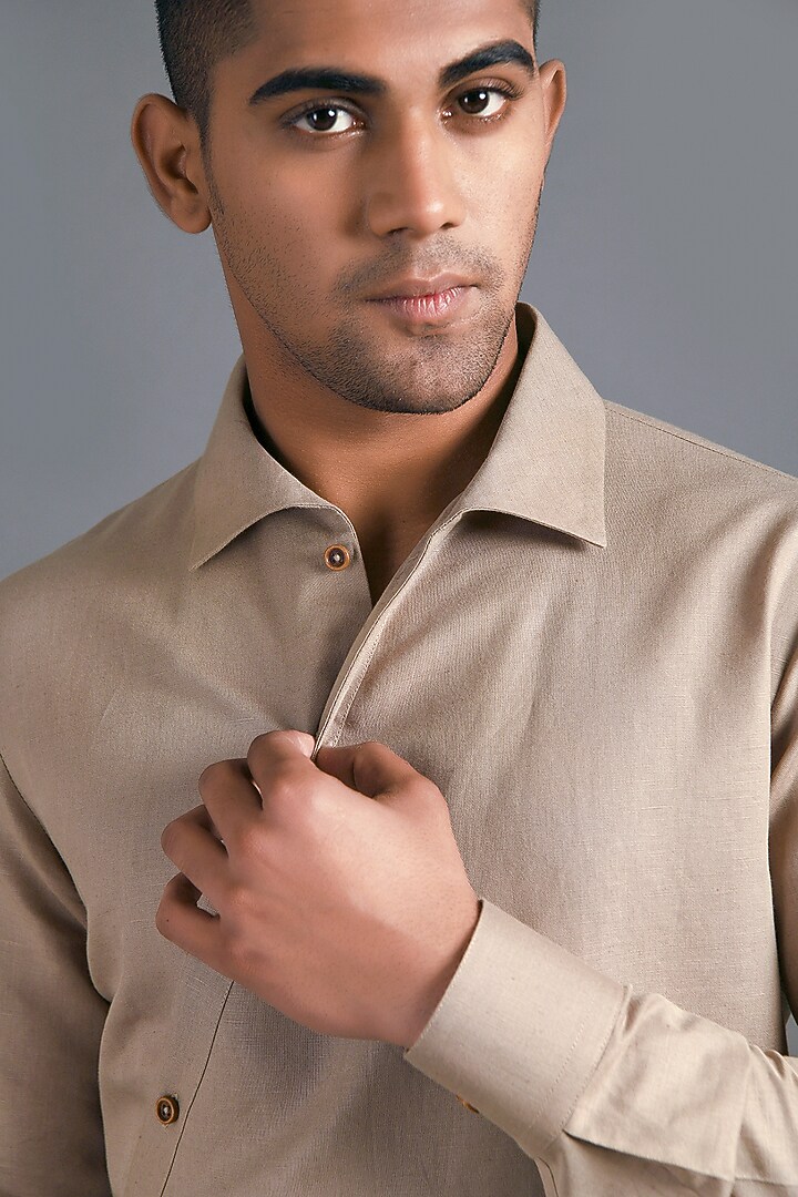 Sandstone color Cotton Linen Party Wear Shirt by Dhruv Vaish at Pernia's Pop Up Shop