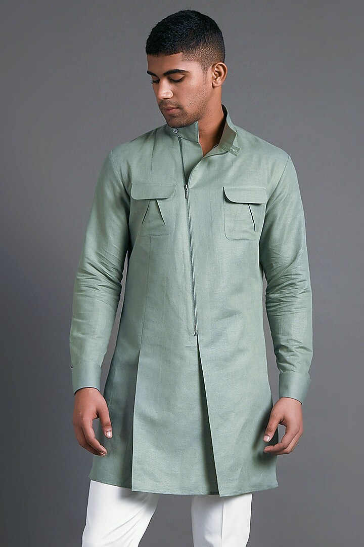 Sage Green Cotton Linen Kurta by Dhruv Vaish at Pernia's Pop Up Shop