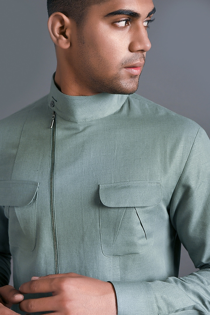 Sage Green Cotton Linen Kurta by Dhruv Vaish at Pernia's Pop Up Shop