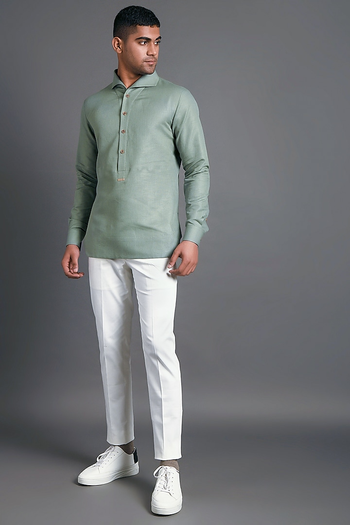Pista Green Shirt With Seemless Collar by Dhruv Vaish