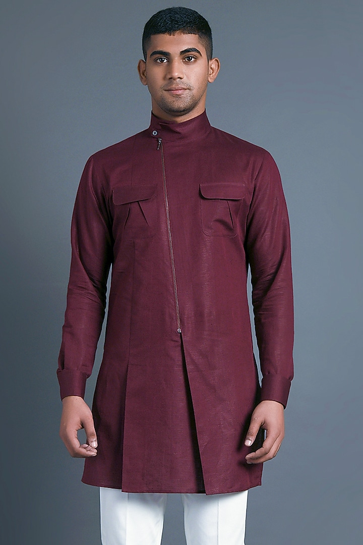 Merlot Cotton Linen Kurta  by Dhruv Vaish at Pernia's Pop Up Shop