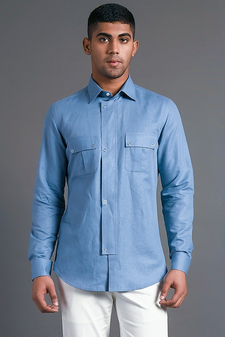 Capri Blue Cotton Linen Party Wear Shirt by Dhruv Vaish at Pernia's Pop Up Shop