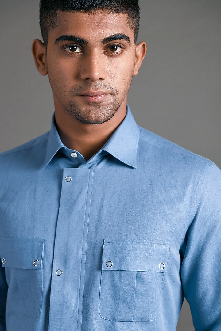 Capri Blue Cotton Linen Party Wear Shirt by Dhruv Vaish at Pernia's Pop Up Shop