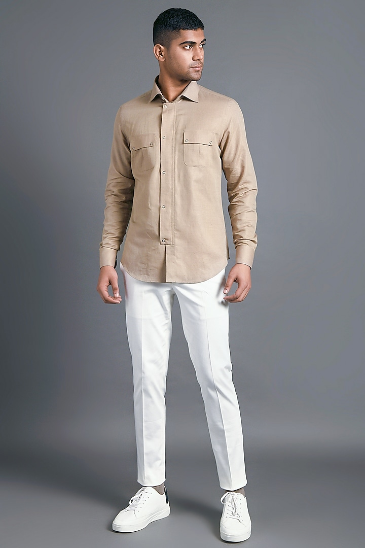 Sand Stone Shirt With Chest Pockets by Dhruv Vaish