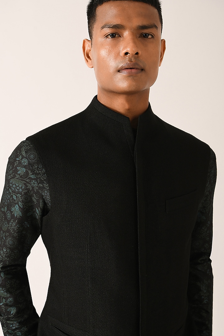 Black Textured Cotton Silk Nehru Jacket by Dhruv Vaish at Pernia's Pop Up Shop