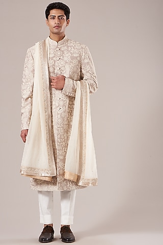 Ivory Cotton & Silk Embroidered Stole by Dhruv Vaish