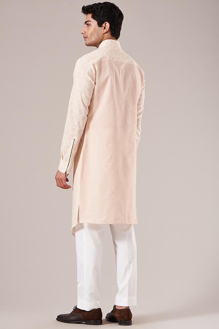Cream Pink Handloom Cotton Printed Asymmetrical Kurta Set by Dhruv Vaish at Pernia's Pop Up Shop