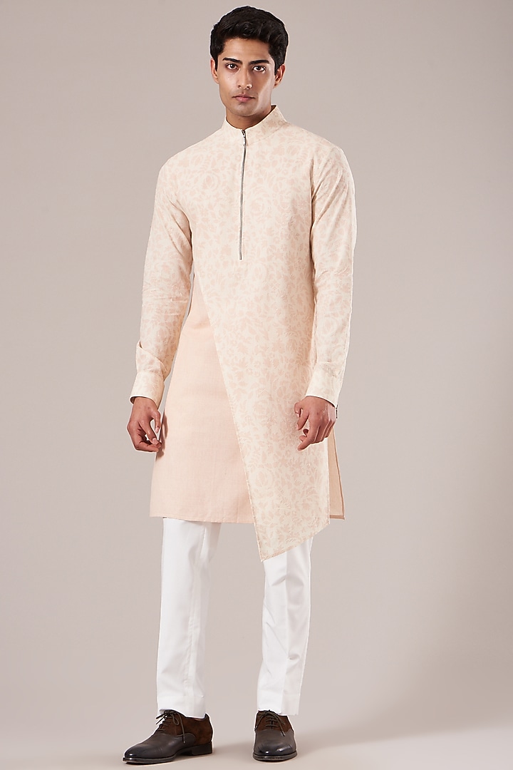 Cream Pink Handloom Cotton Printed Asymmetrical Kurta Set by Dhruv Vaish at Pernia's Pop Up Shop