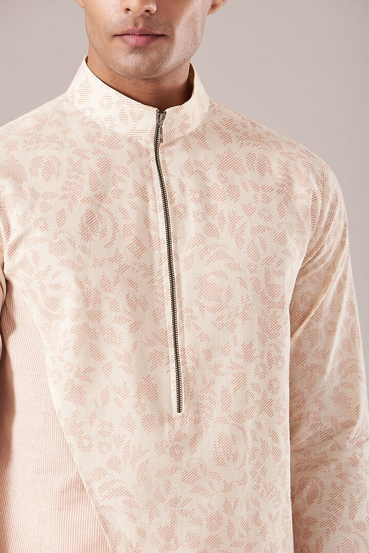 Cream Pink Handloom Cotton Printed Asymmetrical Kurta Set by Dhruv Vaish at Pernia's Pop Up Shop