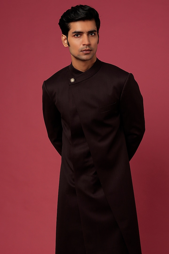 Old Mauve Terriwool Wedding Sherwani Set by Dhruv Vaish at Pernia's Pop Up Shop