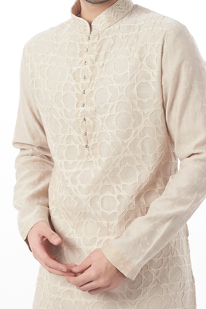 Moon Rock Cotton Silk Chanderi Embroidered Kurta Set by Dhruv Vaish at Pernia's Pop Up Shop