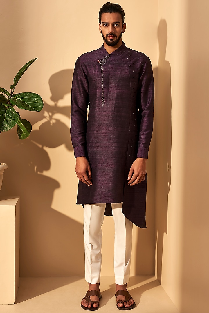 Shadow Plum Embroidered Kurta Set by Dhruv Vaish at Pernia's Pop Up Shop