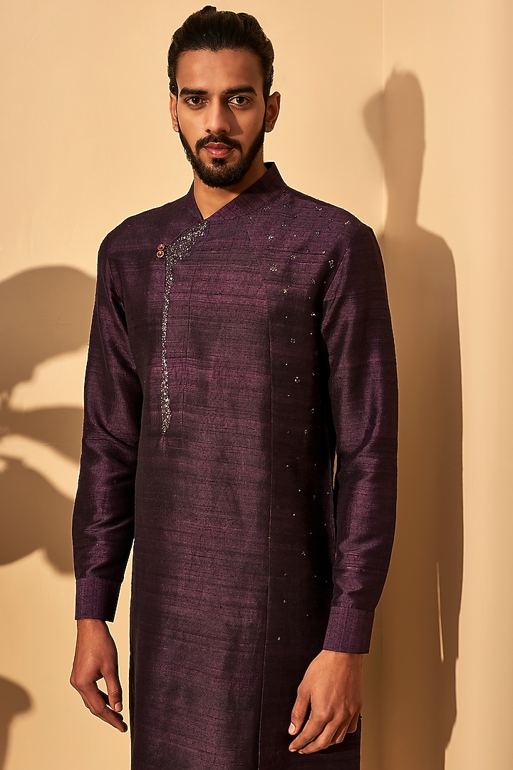 Shadow Plum Raw Silk Metallic Embroidered Kurta Set by Dhruv Vaish at Pernia's Pop Up Shop