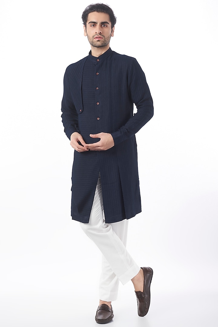 Ash Indigo Herringbone Cotton Silk Kurta Set by Dhruv Vaish