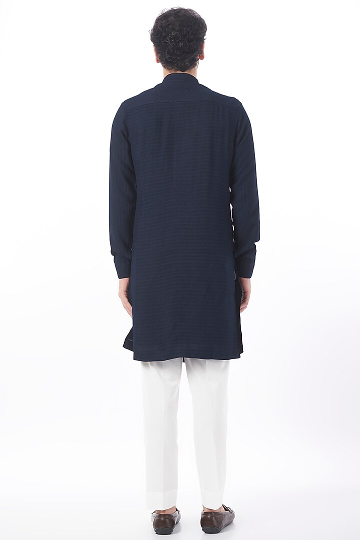 Indigo Herringbone Cotton Silk Kurta Set by Dhruv Vaish at Pernia's Pop Up Shop