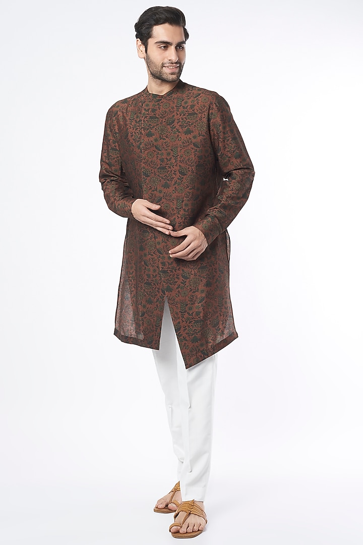 Tobacco Printed Kurta Set by Dhruv Vaish