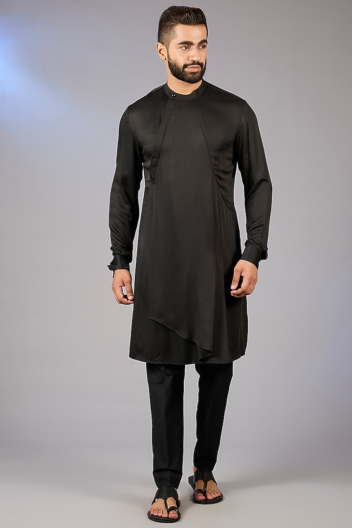 Black Cotton Silk Draped Kurta Set by Dhruv Vaish at Pernia's Pop Up Shop