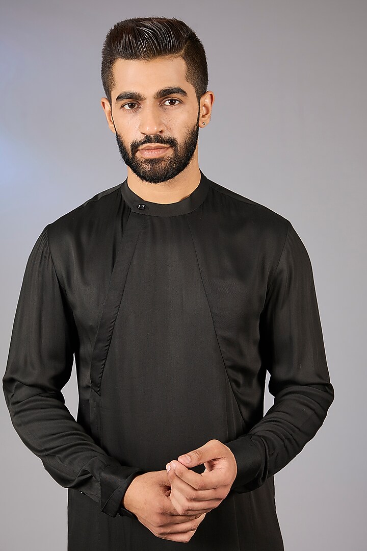 Black Cotton Silk Draped Kurta Set by Dhruv Vaish at Pernia's Pop Up Shop