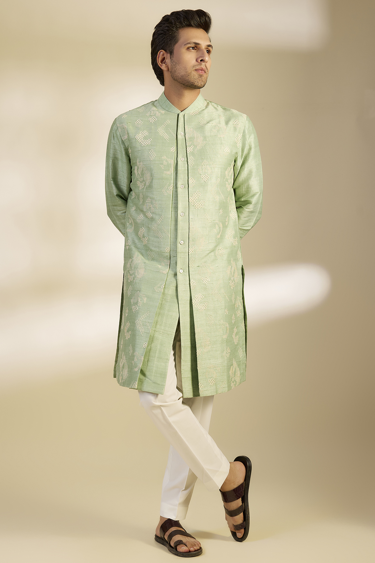 Jade Mist Silk Zari Embroidered Kurta Set by Dhruv Vaish