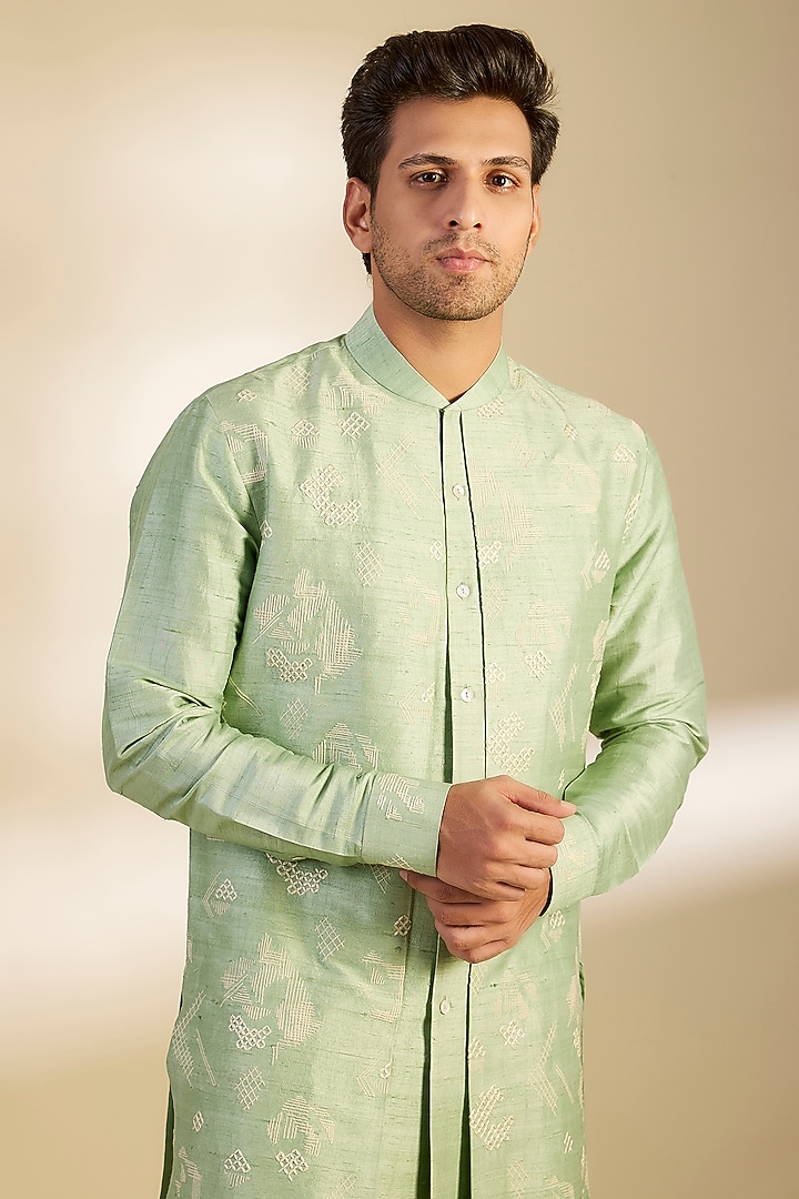 Jade Mist Silk Zari Embroidered Kurta Set by Dhruv Vaish at Pernia's Pop Up Shop