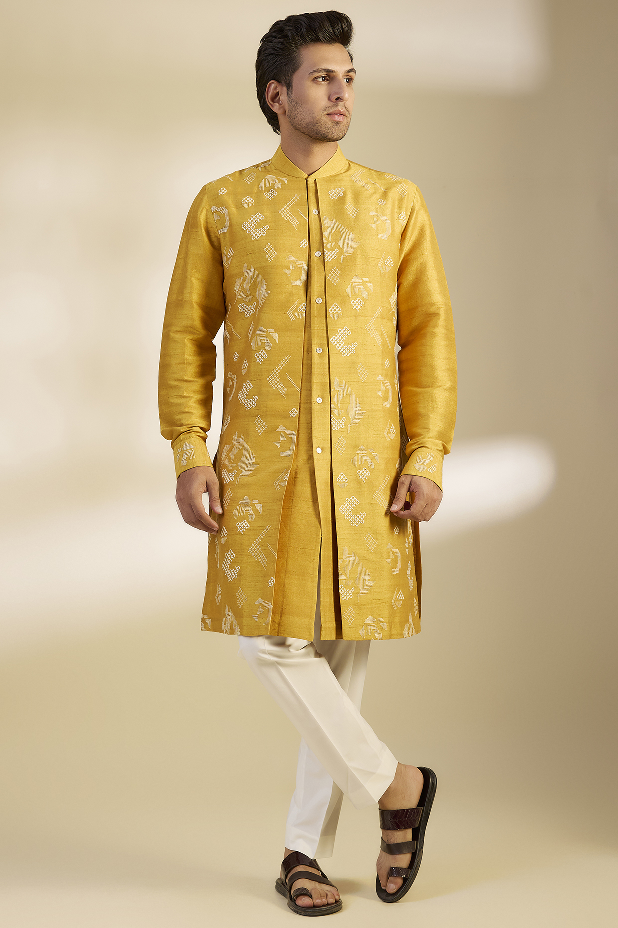 Marigold Silk Zari Embroidered Kurta Set by Dhruv Vaish