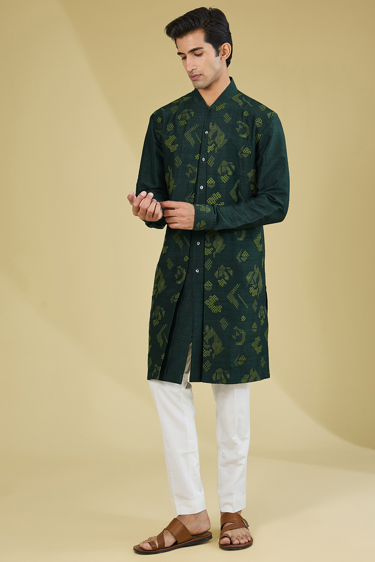 Jade Mist Silk Zari Embroidered Kurta Set by Dhruv Vaish