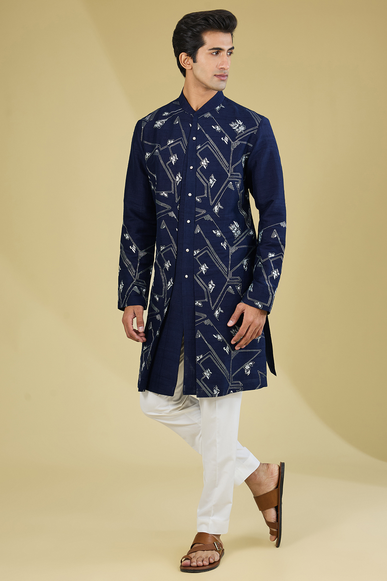 Navy Silk Zari Embroidered Kurta Set by Dhruv Vaish
