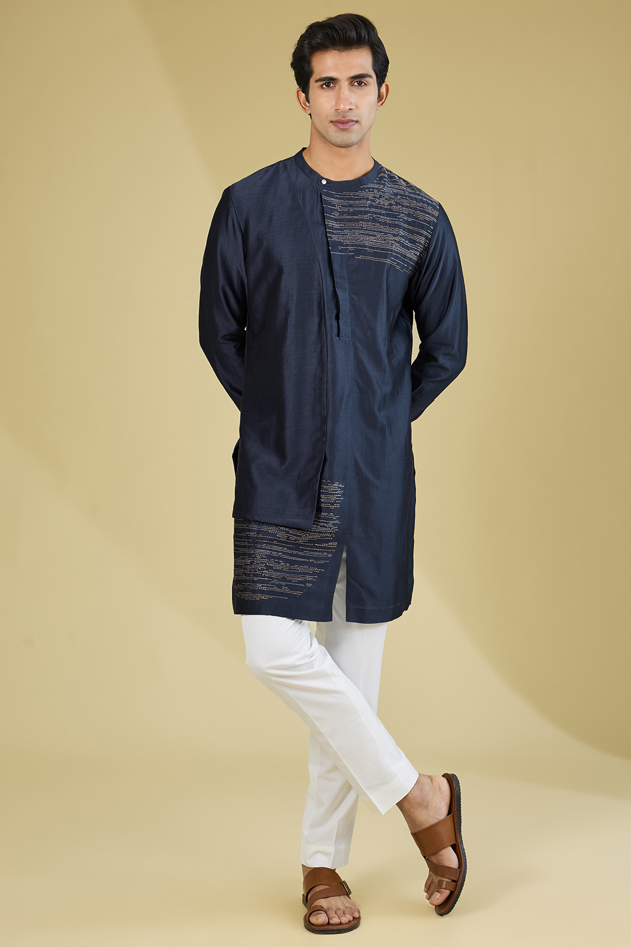 Navy Iris Silk Embroidered Kurta Set by Dhruv Vaish at Pernia's Pop Up Shop
