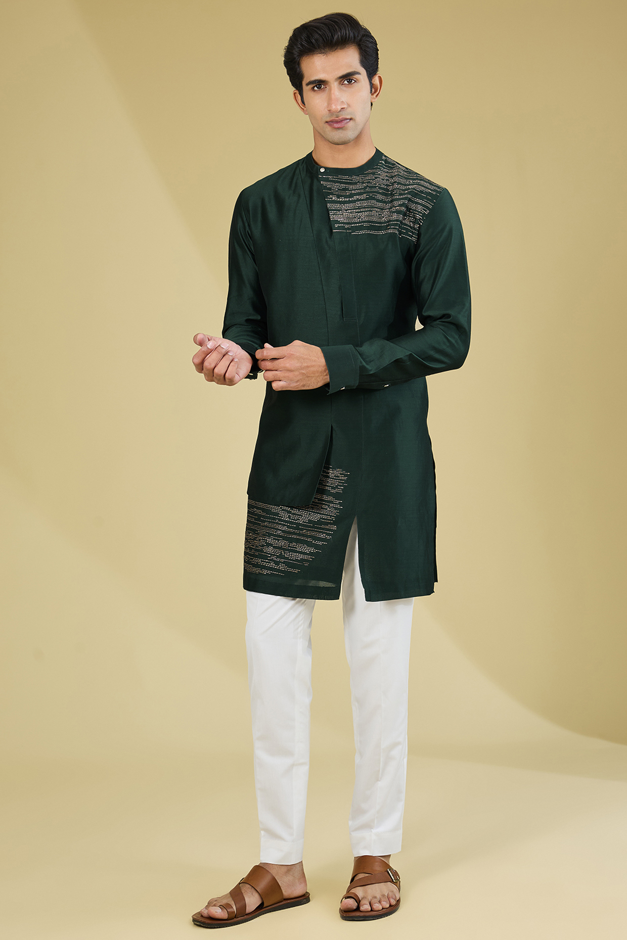Bottle Green Silk Embroidered Hybrid Kurta Set by Dhruv Vaish