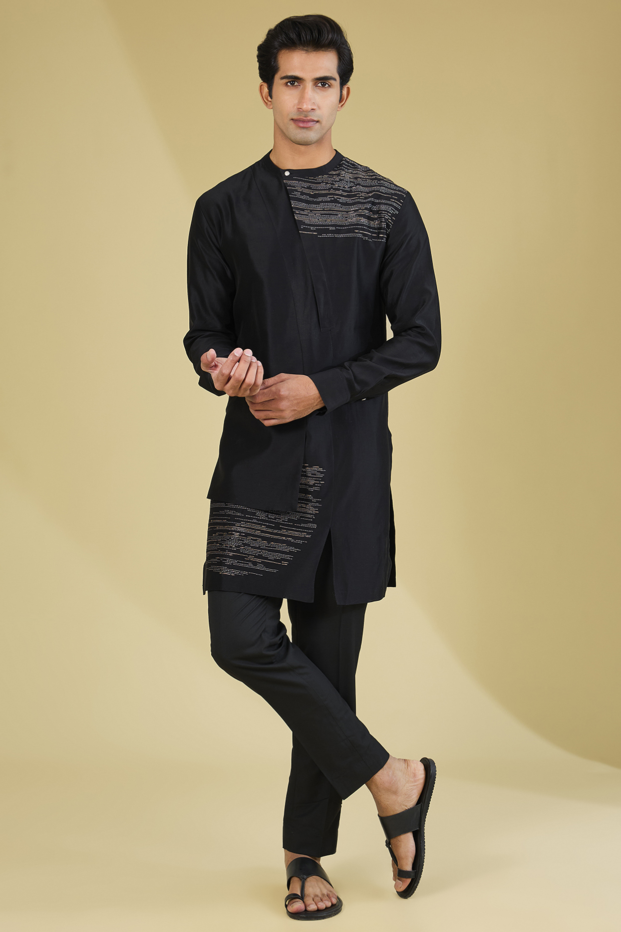 Black Silk Embroidered Hybrid Kurta Set by Dhruv Vaish