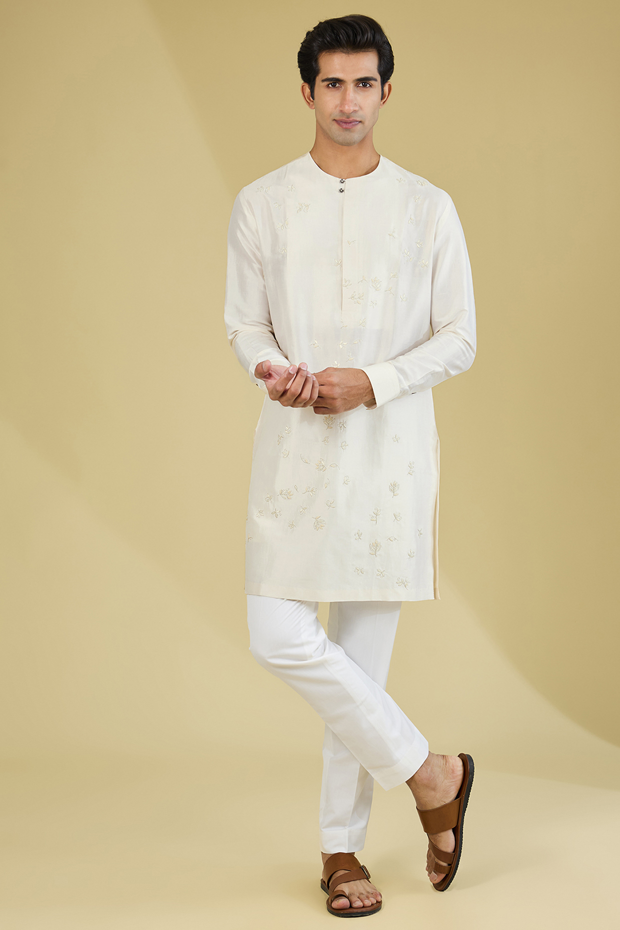 Ivory Silk Embroidered Kurta Set by Dhruv Vaish