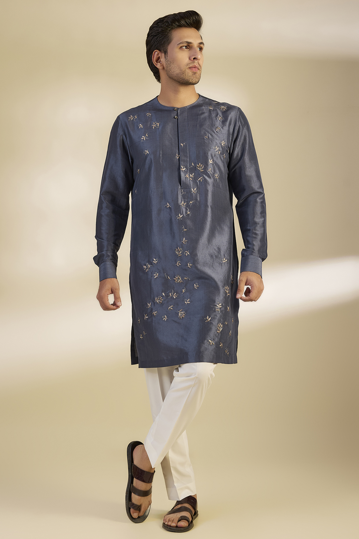 Navy Blue Silk Zari Embroidered Kurta Set by Dhruv Vaish