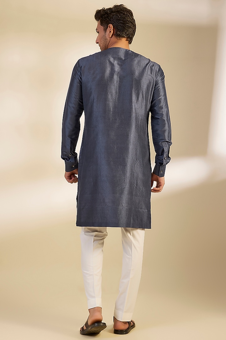 Navy Blue Silk Zari Embroidered Kurta Set by Dhruv Vaish at Pernia's Pop Up Shop