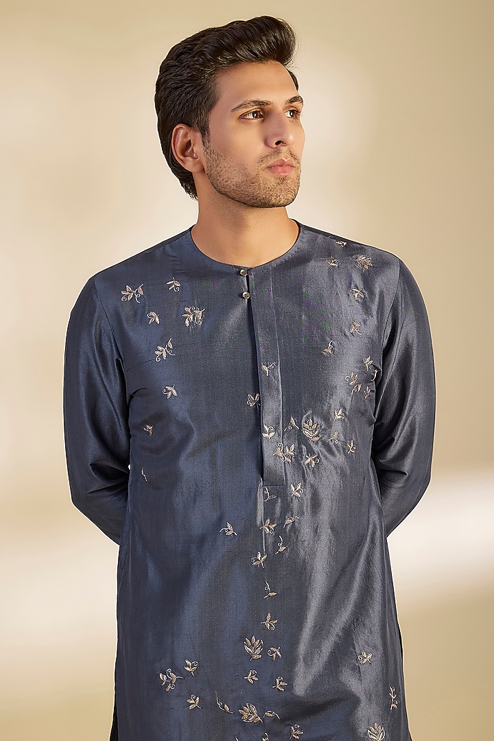 Navy Blue Silk Zari Embroidered Kurta Set by Dhruv Vaish at Pernia's Pop Up Shop