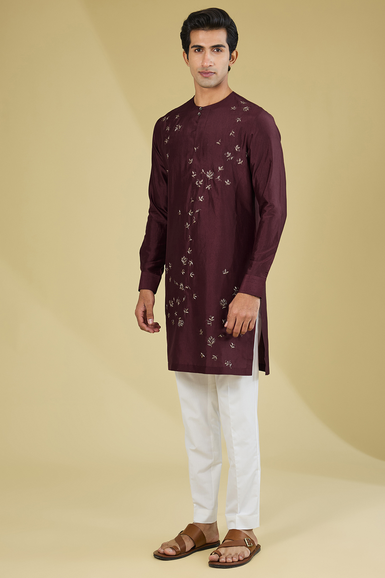 Port Red Silk Embroidered Kurta Set by Dhruv Vaish