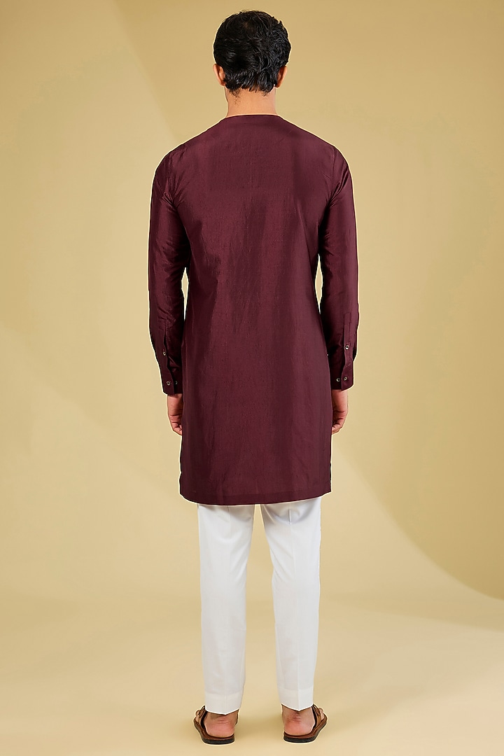 Port Red Silk Embroidered Kurta Set by Dhruv Vaish at Pernia's Pop Up Shop