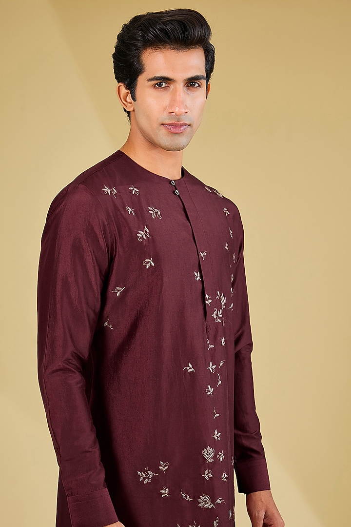 Port Red Silk Embroidered Kurta Set by Dhruv Vaish at Pernia's Pop Up Shop