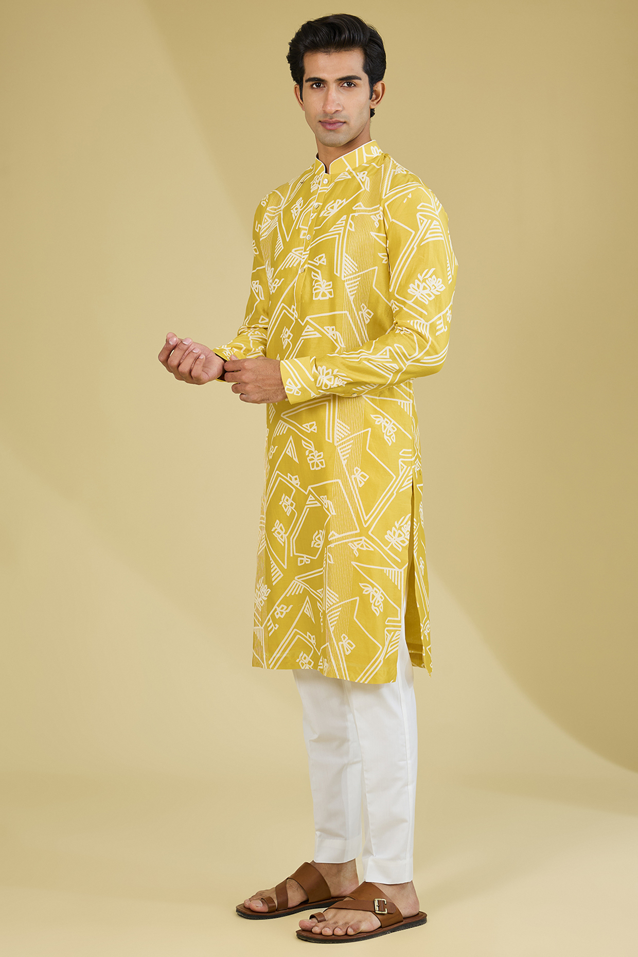 Marigold Yellow Chanderi Printed Kurta Set by Dhruv Vaish