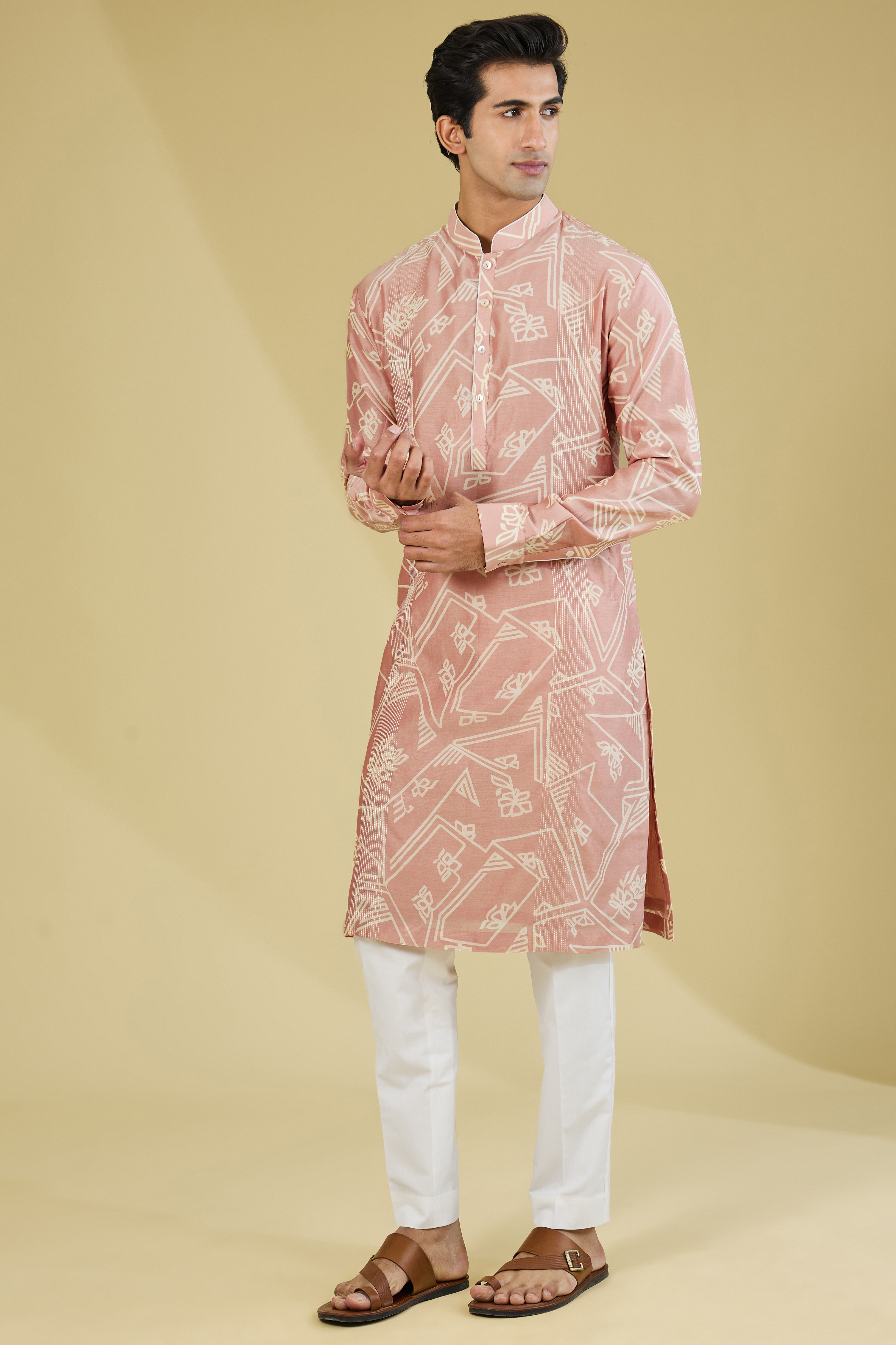 Onion Pink Chanderi Printed Kurta Set by Dhruv Vaish