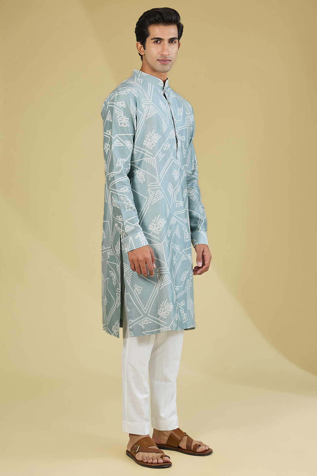 Powder Blue Chanderi Printed Kurta Set by Dhruv Vaish
