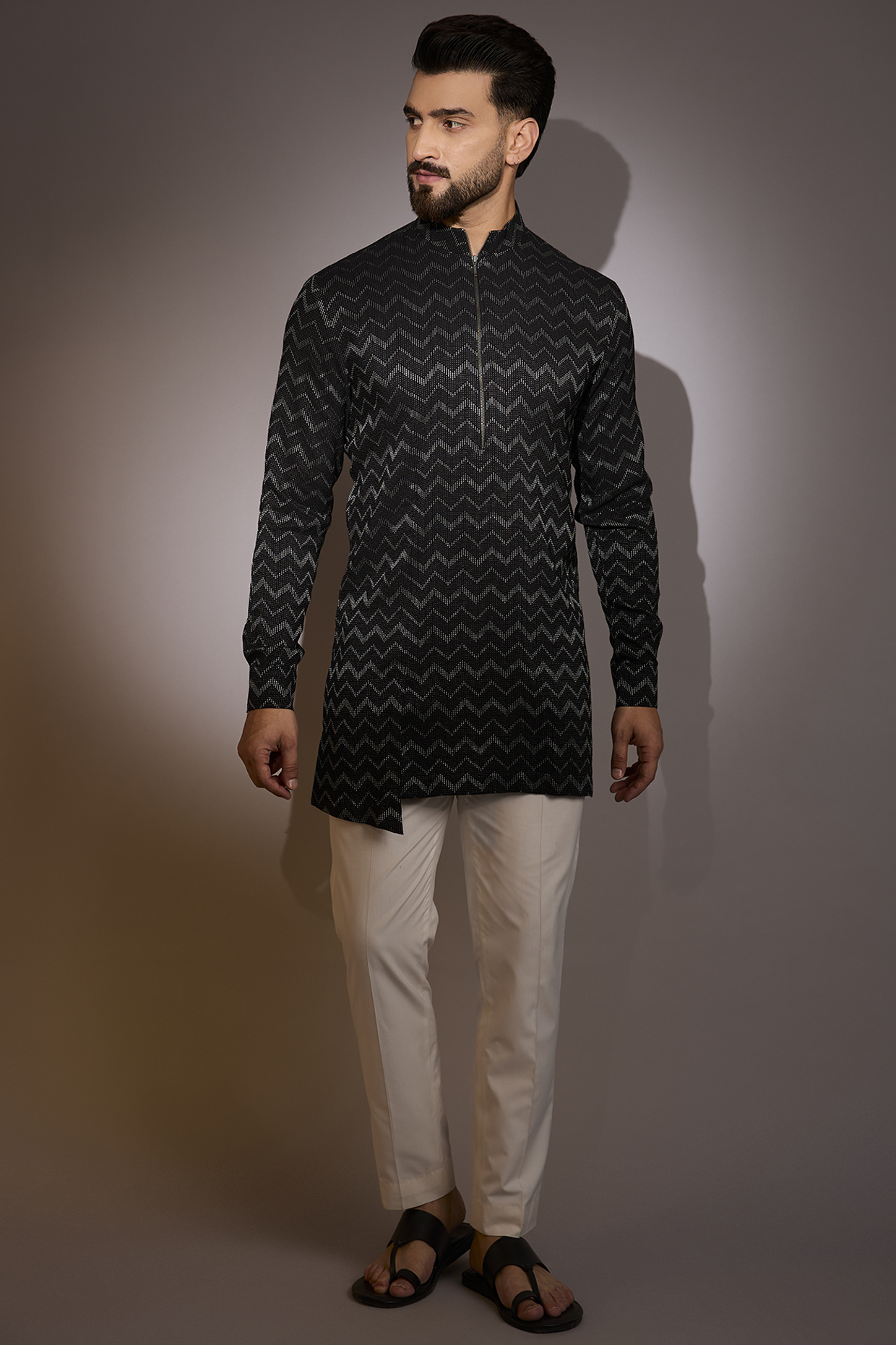 Black Cotton Silk Asymmetric Kurta by Dhruv Vaish