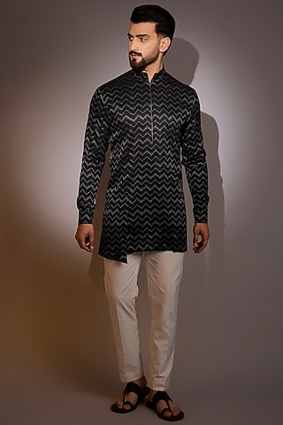 Black Cotton Silk Asymmetric Kurta by Dhruv Vaish