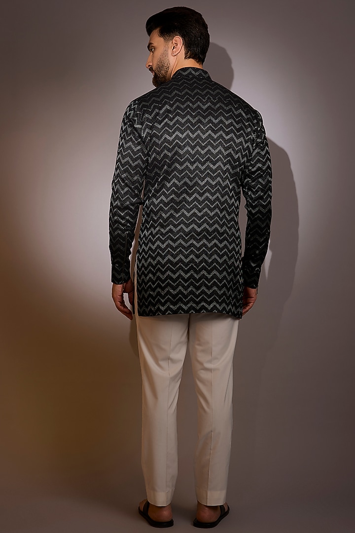 Black Cotton Silk Asymmetric Kurta by Dhruv Vaish at Pernia's Pop Up Shop