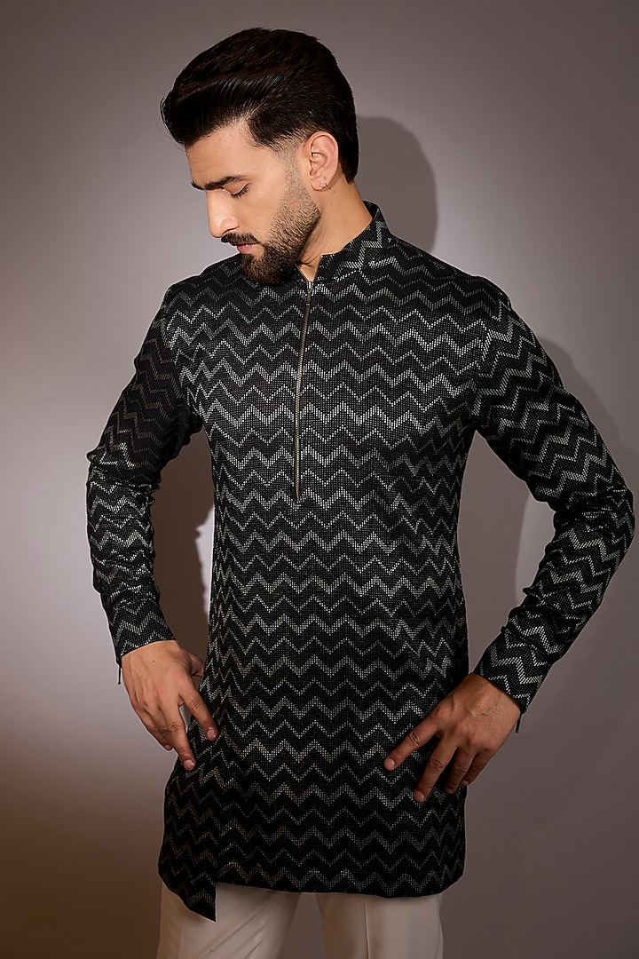 Black Cotton Silk Asymmetric Kurta by Dhruv Vaish at Pernia's Pop Up Shop