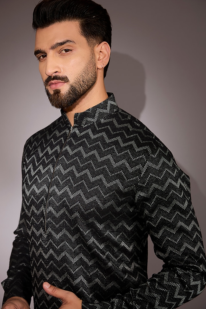 Black Cotton Silk Asymmetric Kurta by Dhruv Vaish at Pernia's Pop Up Shop